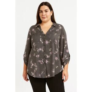 Candies Womens Size L Gray Floral Button Front Long Sleeve Blouse